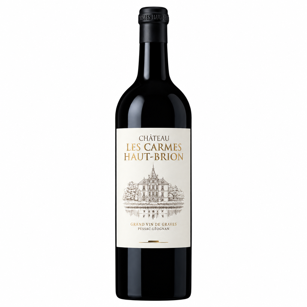 Bottle of Chateau Les Carmes Haut Brion 2022 red wine with a dark label and cork, displayed on a neutral background.