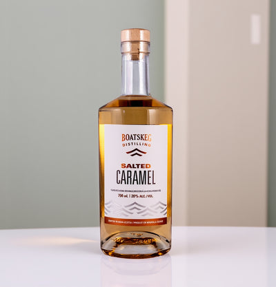 Boatskeg Salted Caramel Vodka 750mL bottle with label featuring caramel and salt imagery, elegant packaging design
