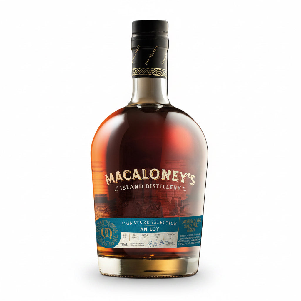Macaloney's An Loy 700mL bottle of Irish whiskey with a dark label and wooden cap, displayed on a wooden surface.