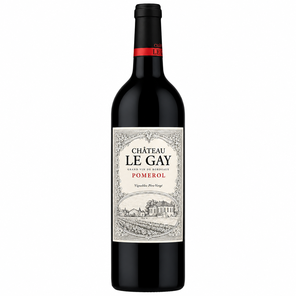 Chateau Le Gay 2020 wine bottle with label featuring elegant design, displayed upright on a neutral background.
