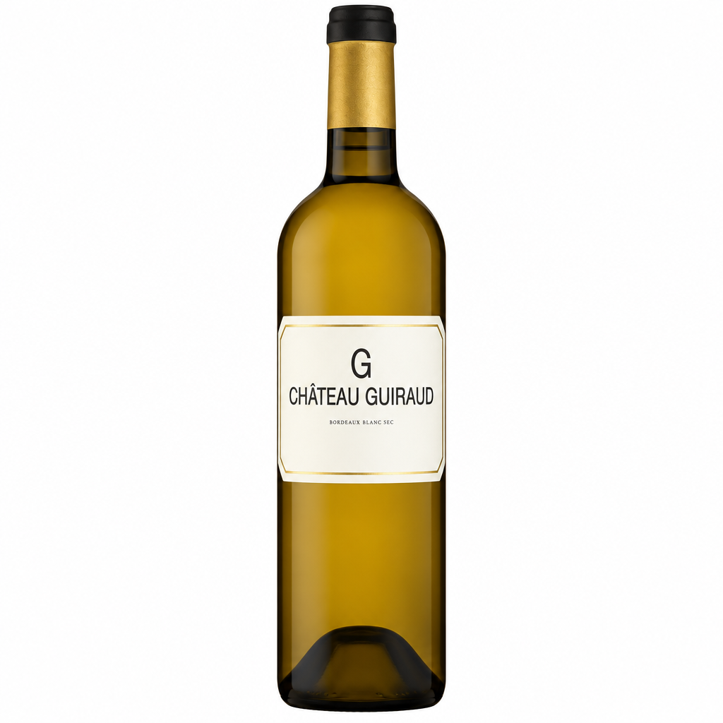 Bottle of Le G de Chateau Guiraud white wine from the 2017 vintage, featuring a dark label with gold accents.