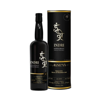 Bottle of Indri Agneya Single Malt Indian Whisky 750mL with label and dark amber liquid inside.