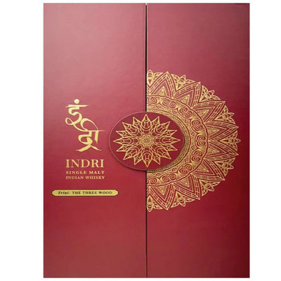 Indri Trini single malt Indian whisky gift pack with 750mL bottle, featuring elegant packaging and branding.