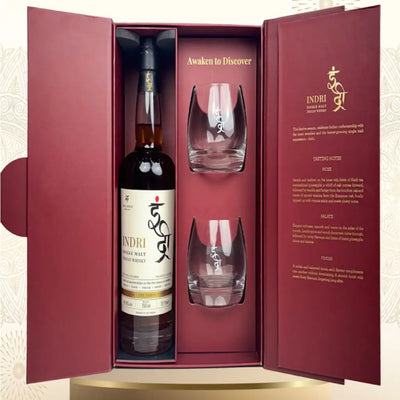 Indri Trini Single Malt Indian Whisky gift pack with 750mL bottle and decorative packaging, showcasing the whisky and packaging design.