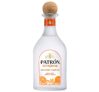 Bottle of Patron Citronge Orange liqueur in a 750mL bottle, with bright orange label and clear glass showcasing the liquid inside.