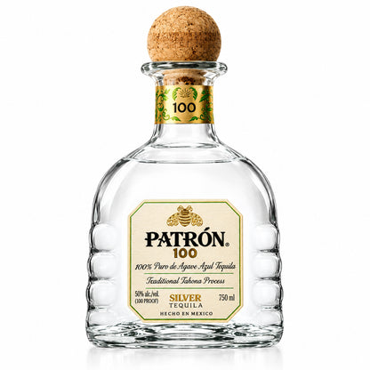 A bottle of Patrón 100 Silver Tequila de Agave on a solid white background. The clear glass bottle features a textured design, a cork stopper, and a cream-colored label with gold details.