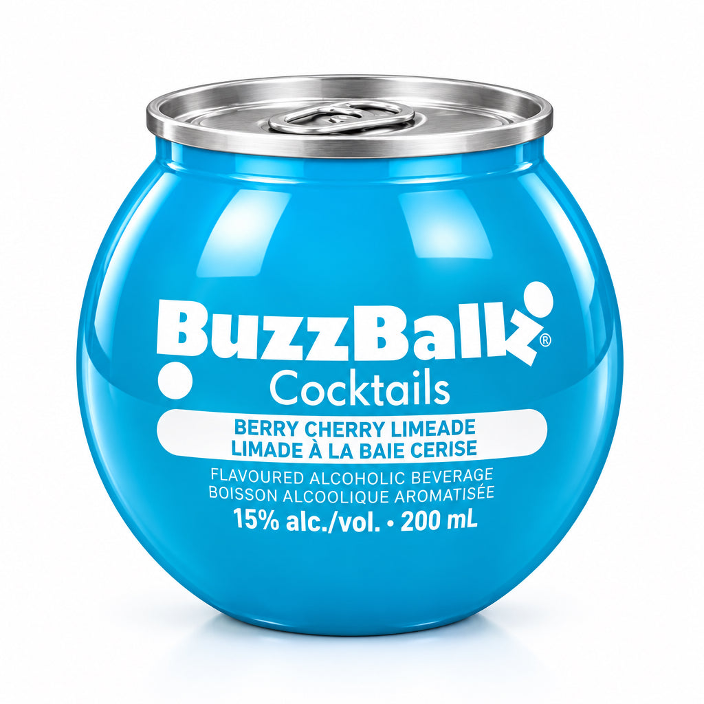 A bright blue BuzzBall Cocktails can-shaped bottle with a silver pull-tab lid, labeled 'BuzzBall Cocktails' and 'Berry Cherry Limeade' on a white background.