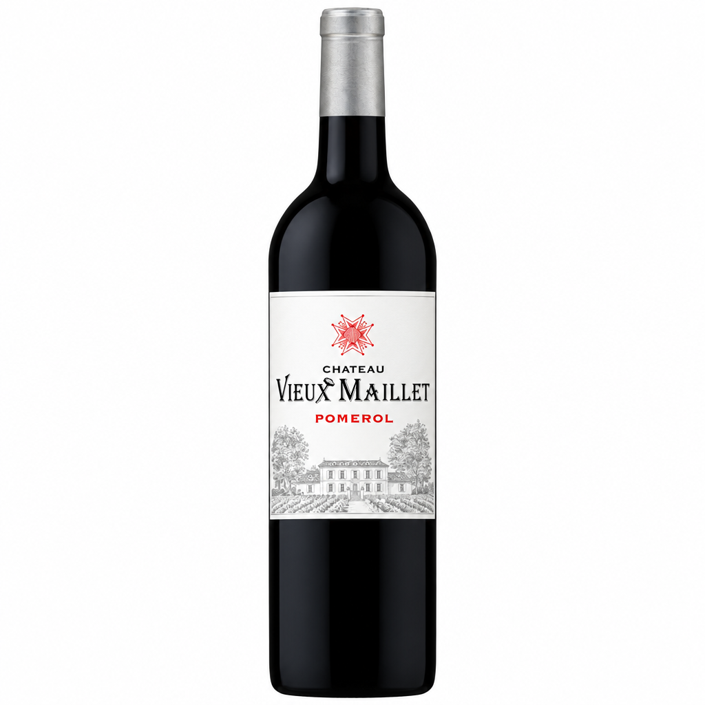 Chateau Vieux Maillet wine bottle from Chateau, with a classic label and elegant design, displayed on a neutral background.
