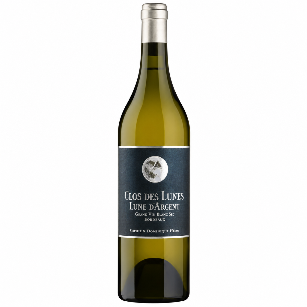 Close-up of a Clos Des Lunes 'Lune D'argent' 1.5L magnum wine bottle with elegant label design.