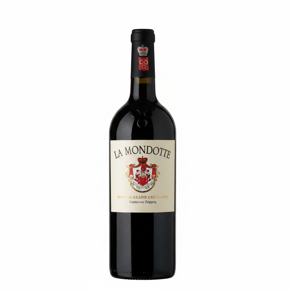 Chateau La Mondotte Premier Grand Cru Classe wine bottle with label on a dark background