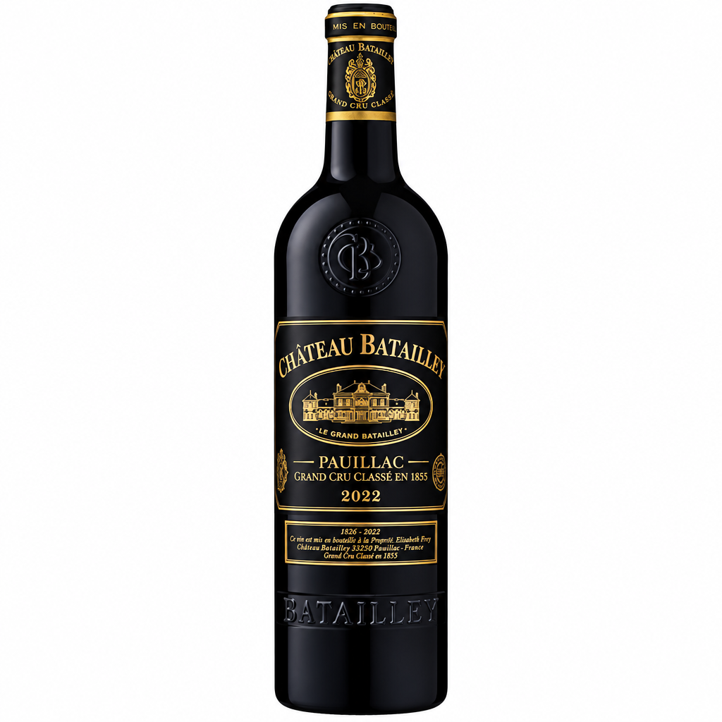 Bottle of Chateau Batailley 2022 red wine with label visible, showcasing the elegant wine bottle and vintage label.