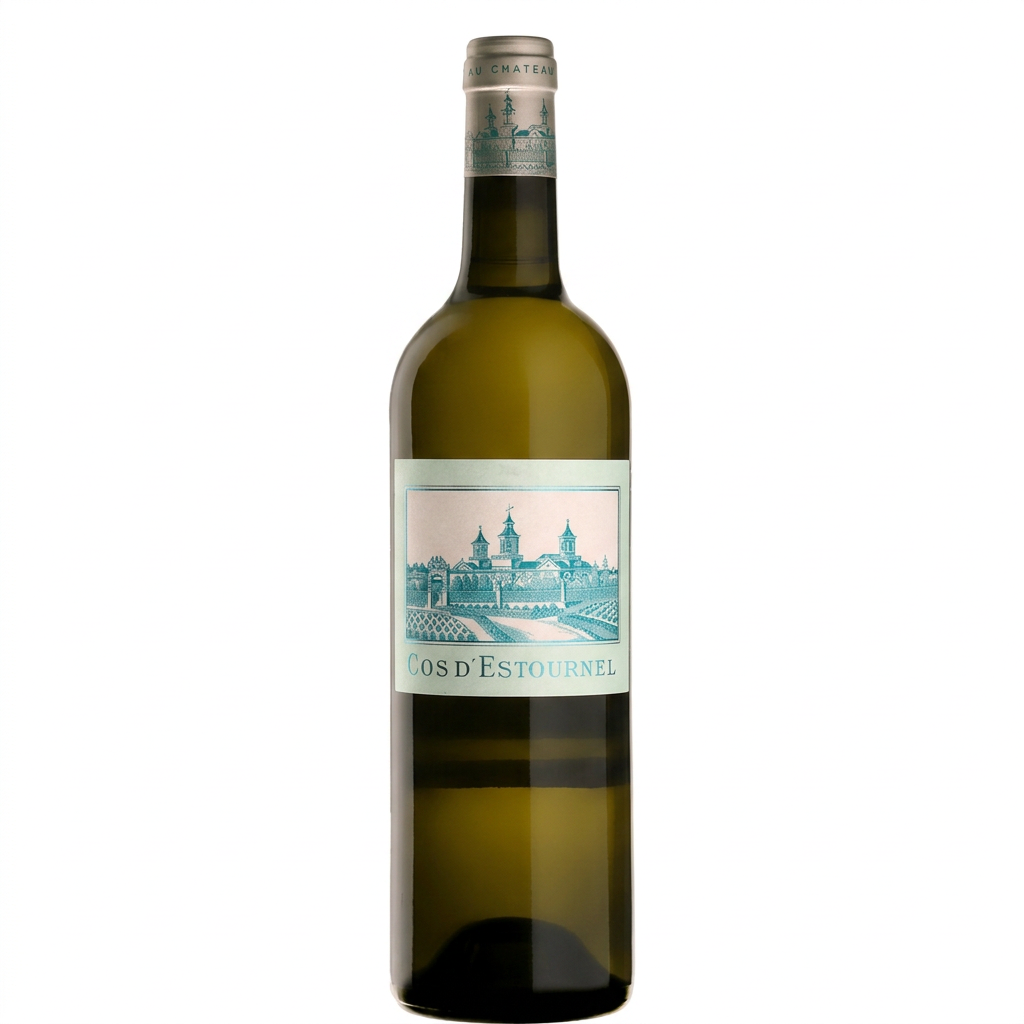 Chateau Cos D'estournel Blanc 2021 wine bottle with label, showcasing a premium white Bordeaux wine from Chateau.
