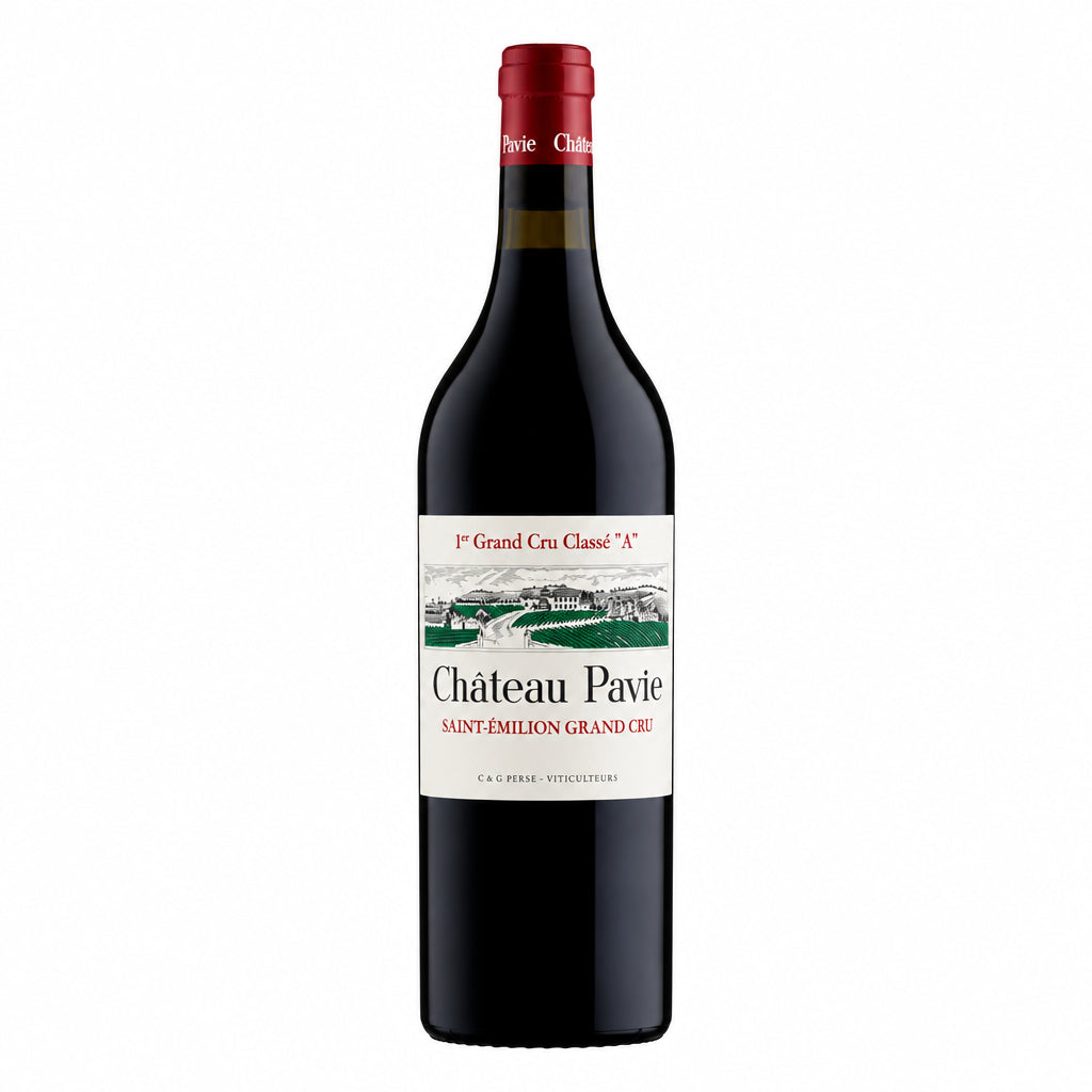 Bottle of Chateau Pavie 2020 Saint-Emilion red wine with a dark label and elegant design on display.