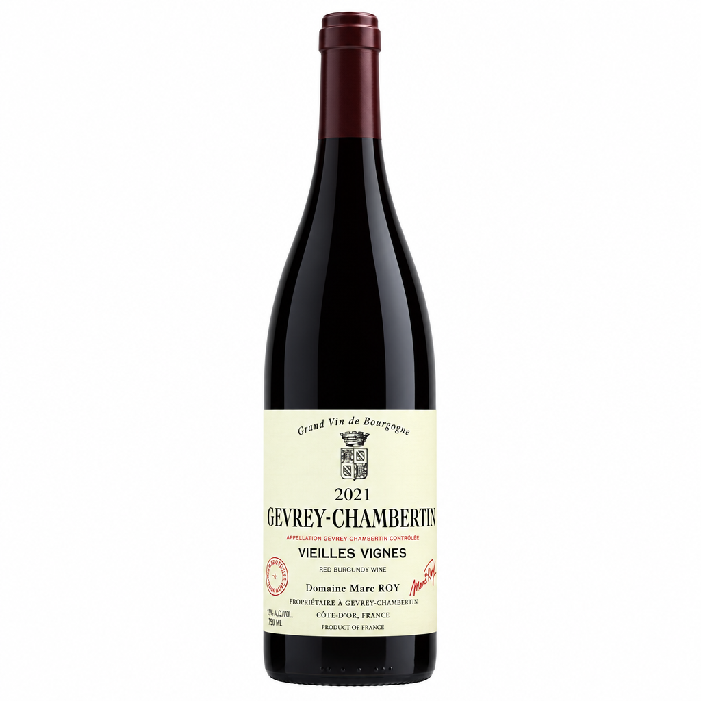 Bottle of Domaine Marc Roy Gevrey-Chambertin 2021 red wine showing the label and dark glass bottle.