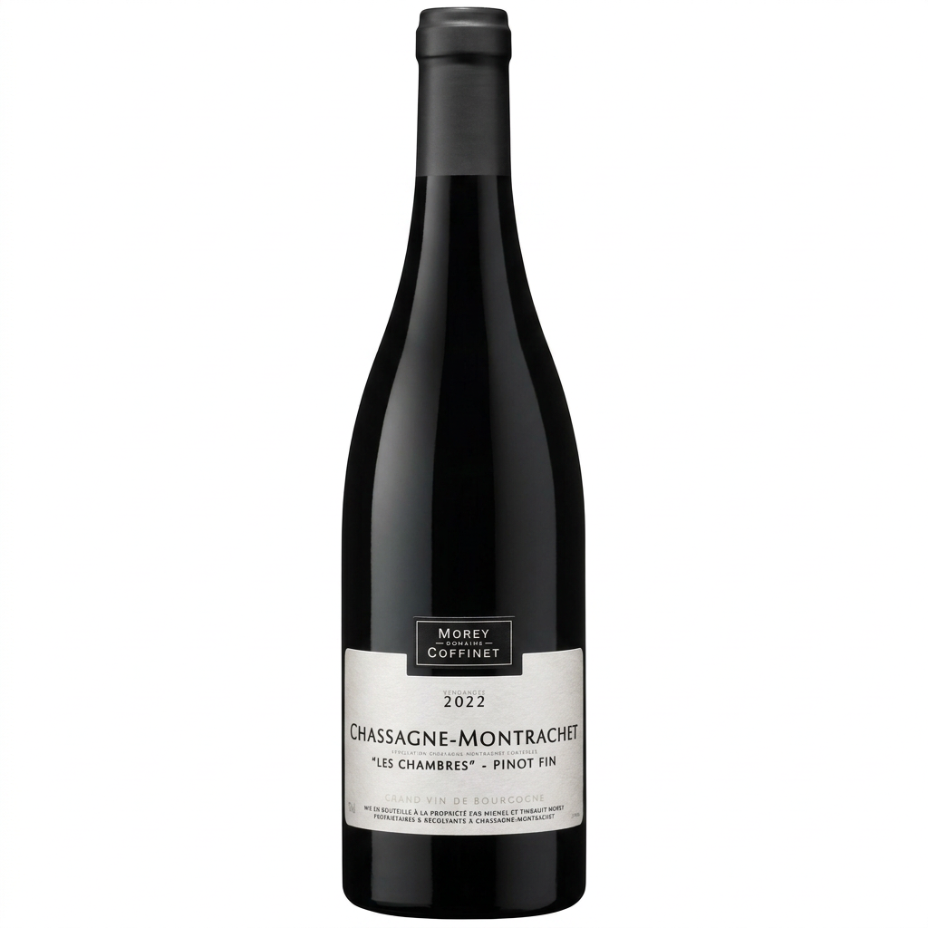 Domaine Morey-Coffinet Chassagne Montrachet white wine bottle with label and elegant glassware.