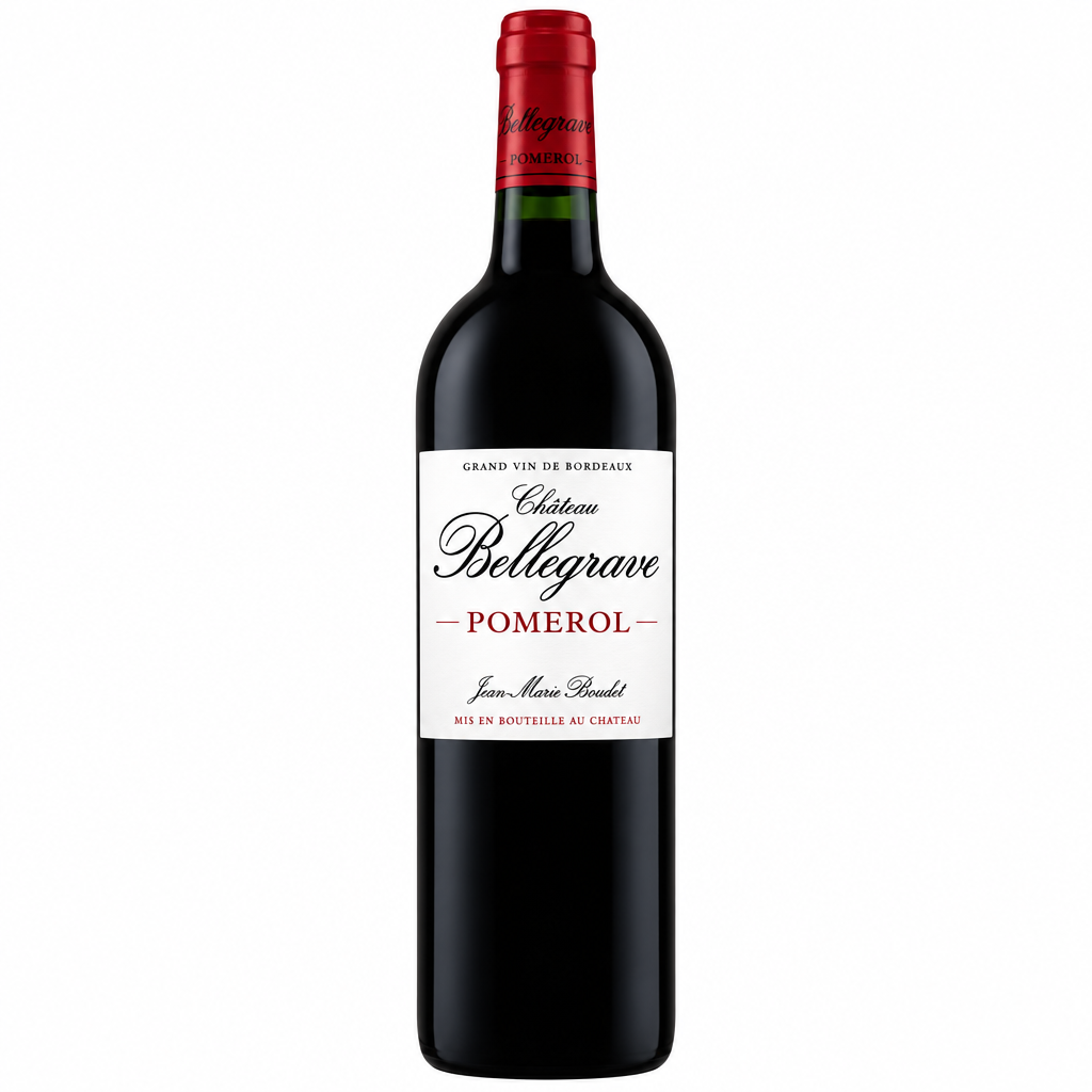 Chateau Bellegrave Pomerol red wine bottle with label, showing a dark glass bottle and detailed label design.