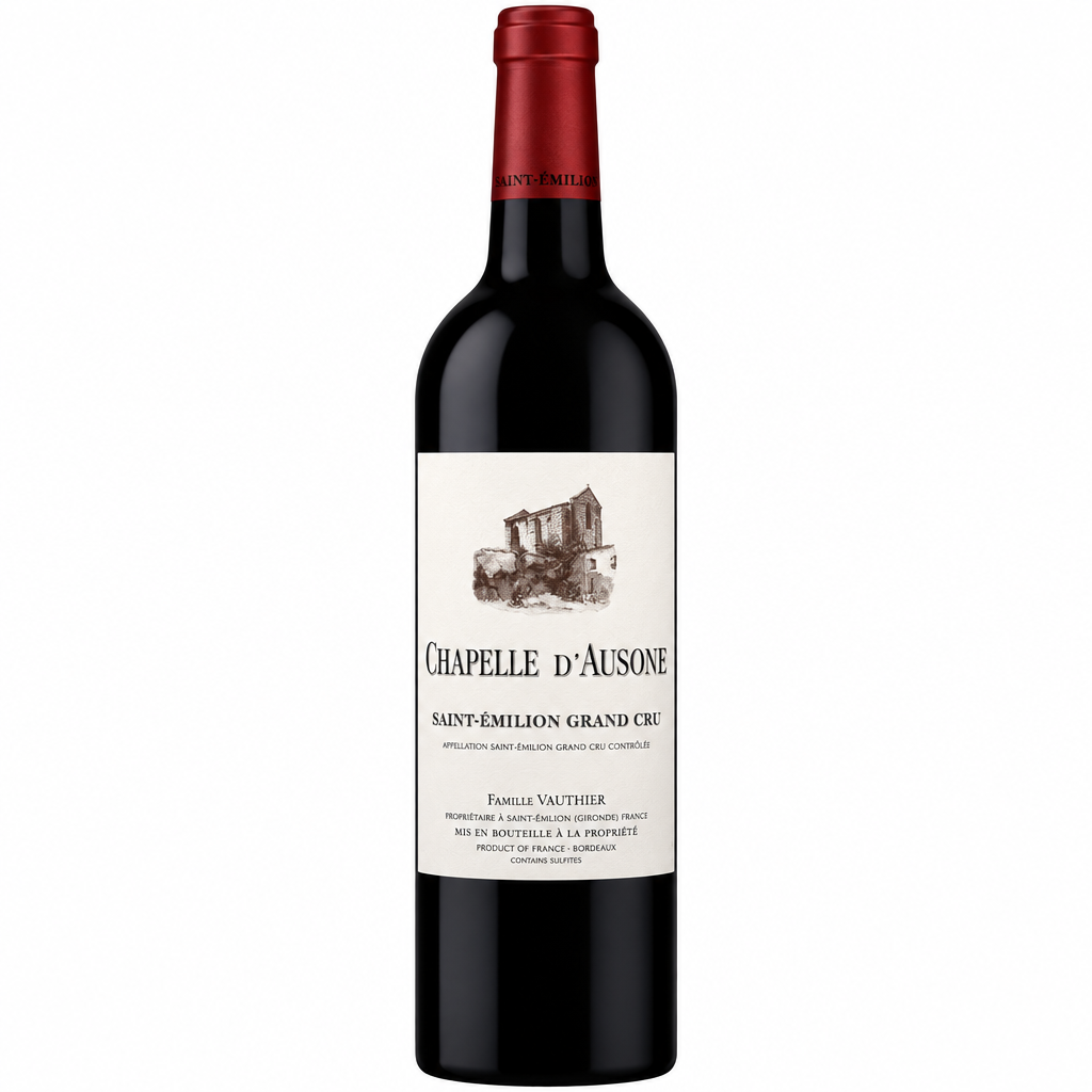 Bottle of La Chapelle d'Ausone 2020 red wine from La, with label and cork visible
