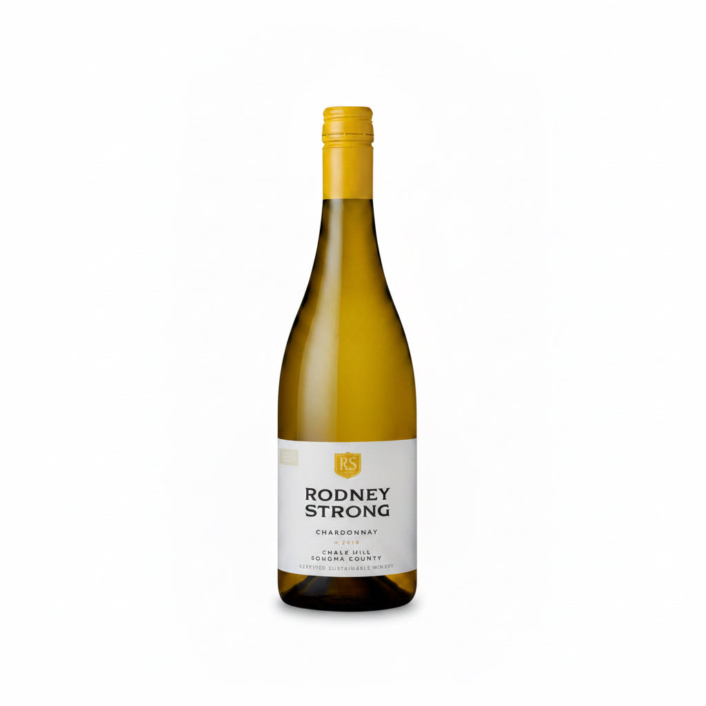 Rodney Strong Chalk Hill Chardonnay 750mL bottle with clear glass and golden-yellow wine inside, on a neutral background.