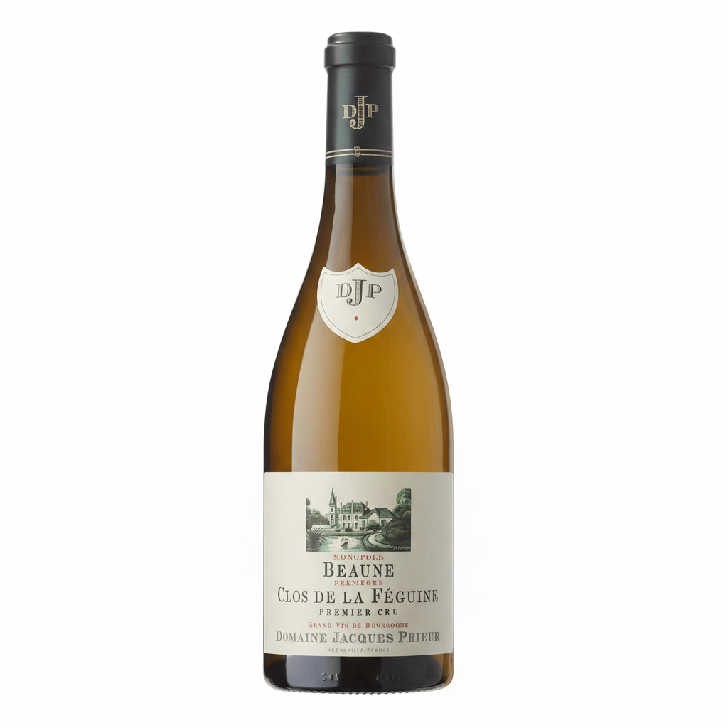 Domaine Jacques Prieur Beaune Clos De La Feguine Premier Cru Blanc wine bottle with label and glass on a wooden surface