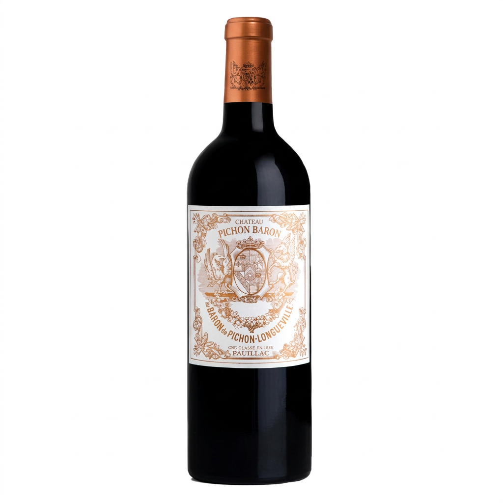 Chateau Pichon Longueville Baron 2021 red wine bottle with label and foil capsule, close-up shot.