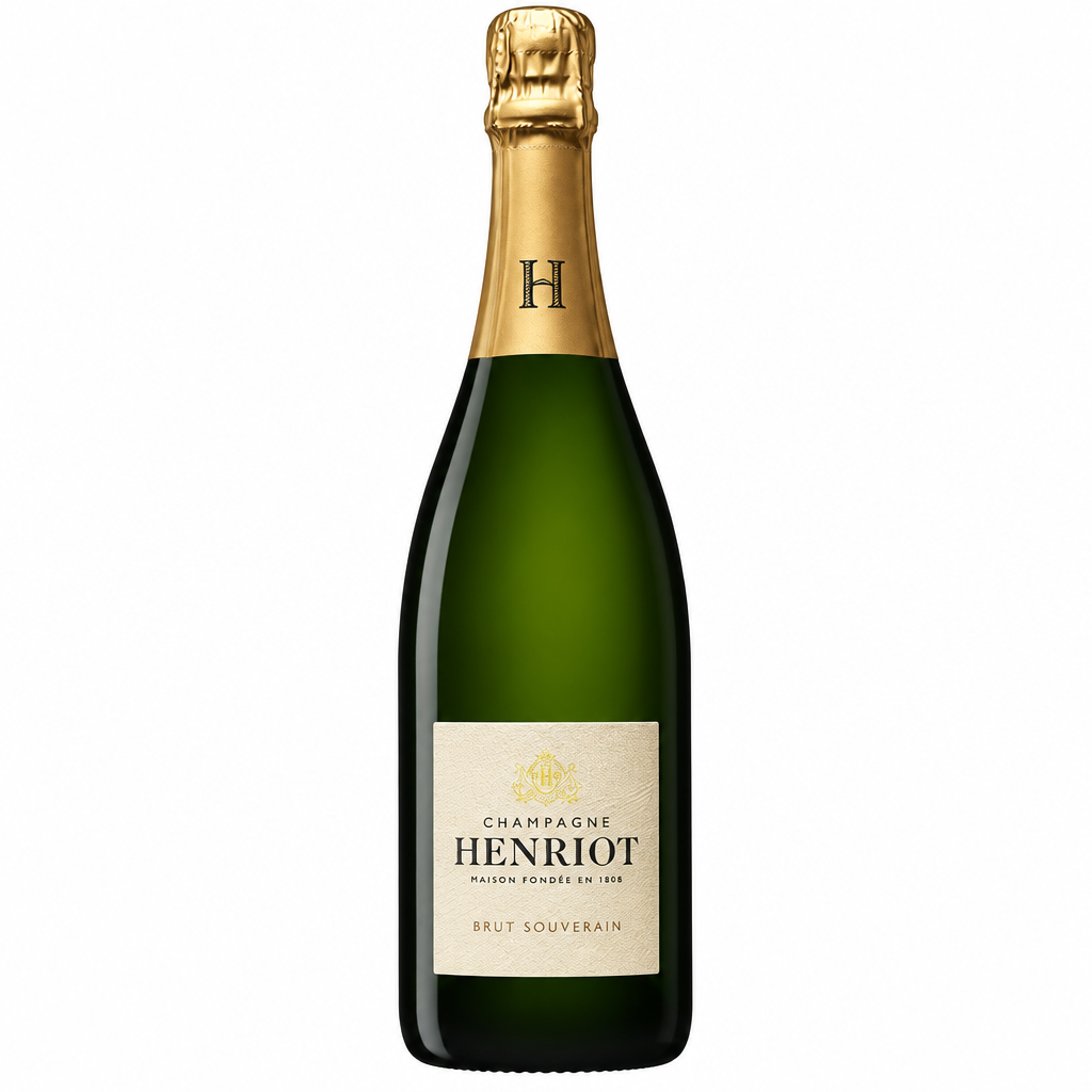 Champagne Henriot Souverain Brut bottle with elegant label, showcasing a sparkling wine ideal for celebrations.