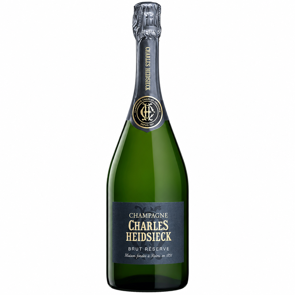 Charles Heidsieck Brut champagne bottle with gold foil and elegant label, displayed against a plain background.