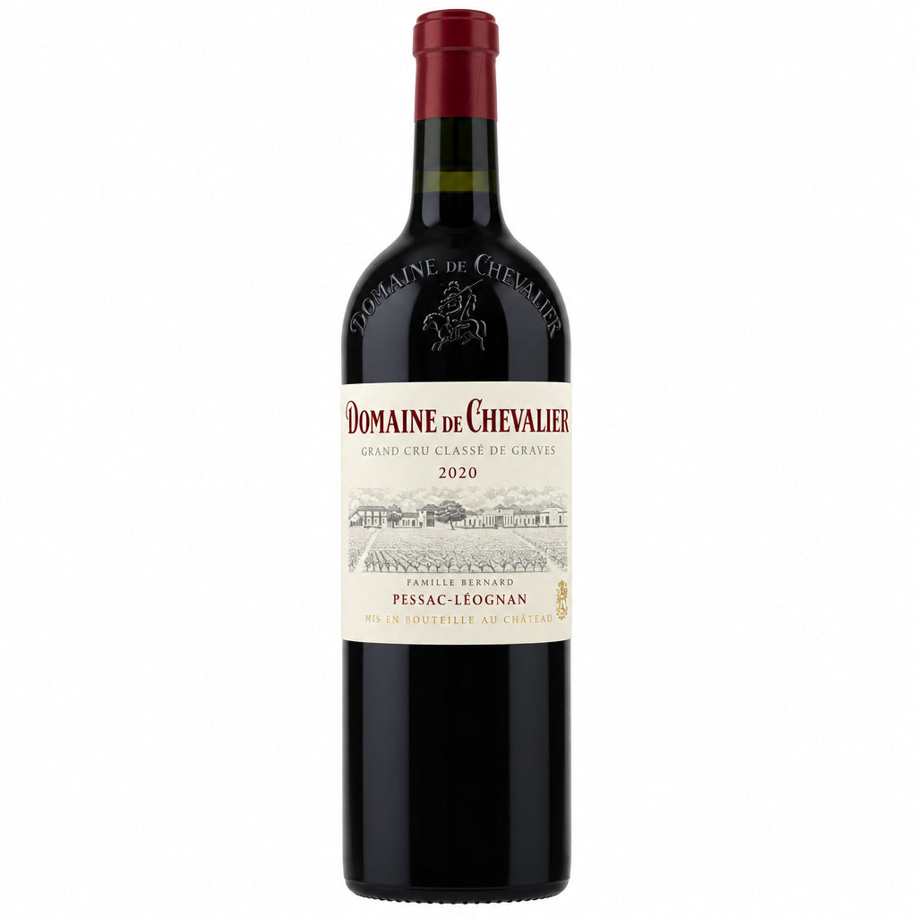 Bottle of Domaine De Chevalier Rouge 2020 red wine from Domaine, with a dark glass bottle and label visible.