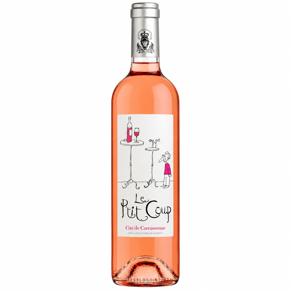 Chateau Chateau Du Donjon Le P'tit Coup Rose wine bottle with label, pink hue, and elegant design on a white background.