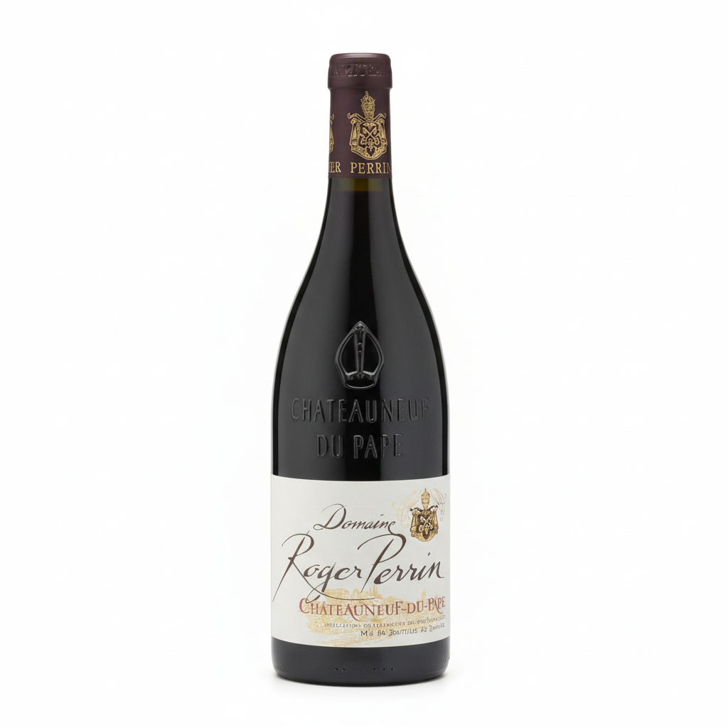 Bottle of Roger Perrin Cotes du Rhone Villages Vieilles Rouge red wine with label visible in the image.