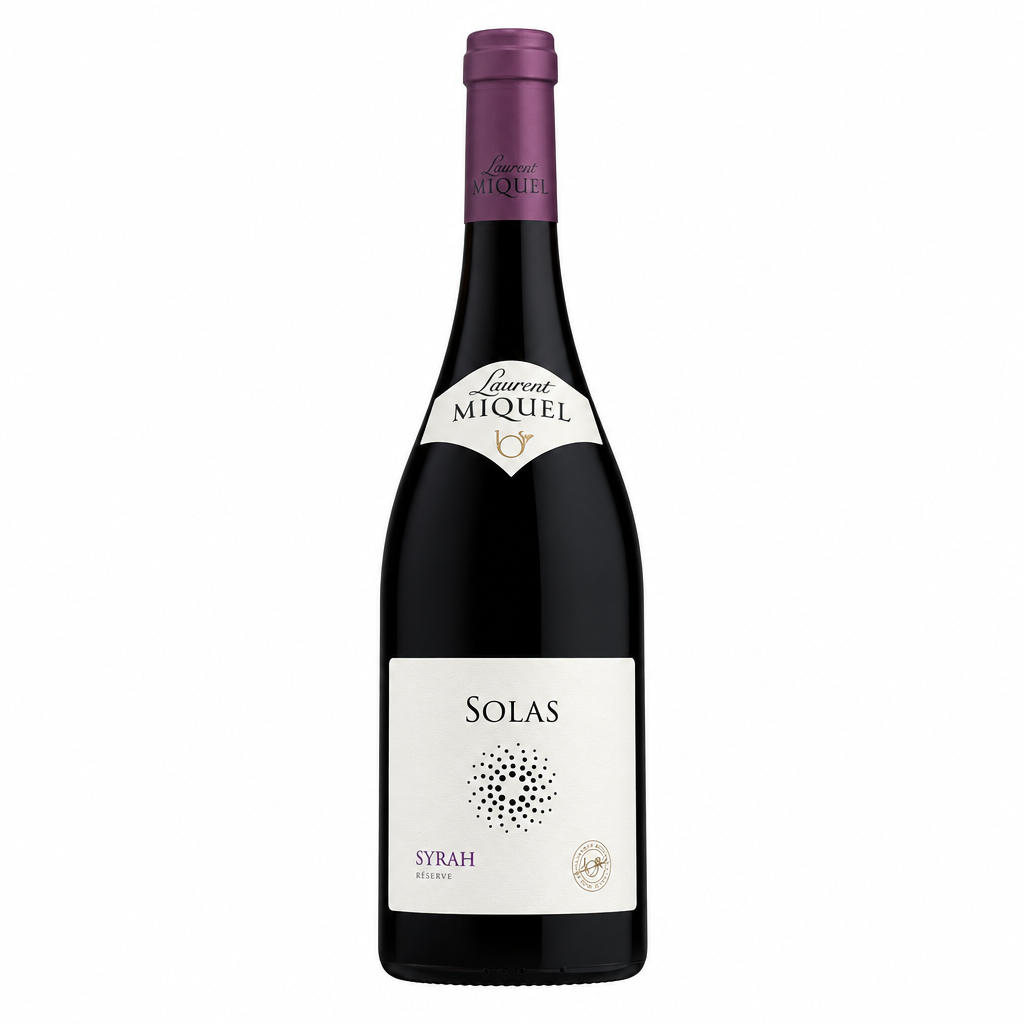 Bottle of Laurent Miquel Solas Pinot Noir wine with label visible, set against a neutral background.