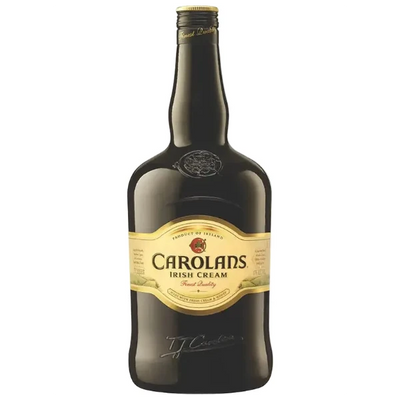 Bottle of Carolans Irish Cream liqueur in 1.14L size, featuring a dark glass bottle with a label and a cork stopper.