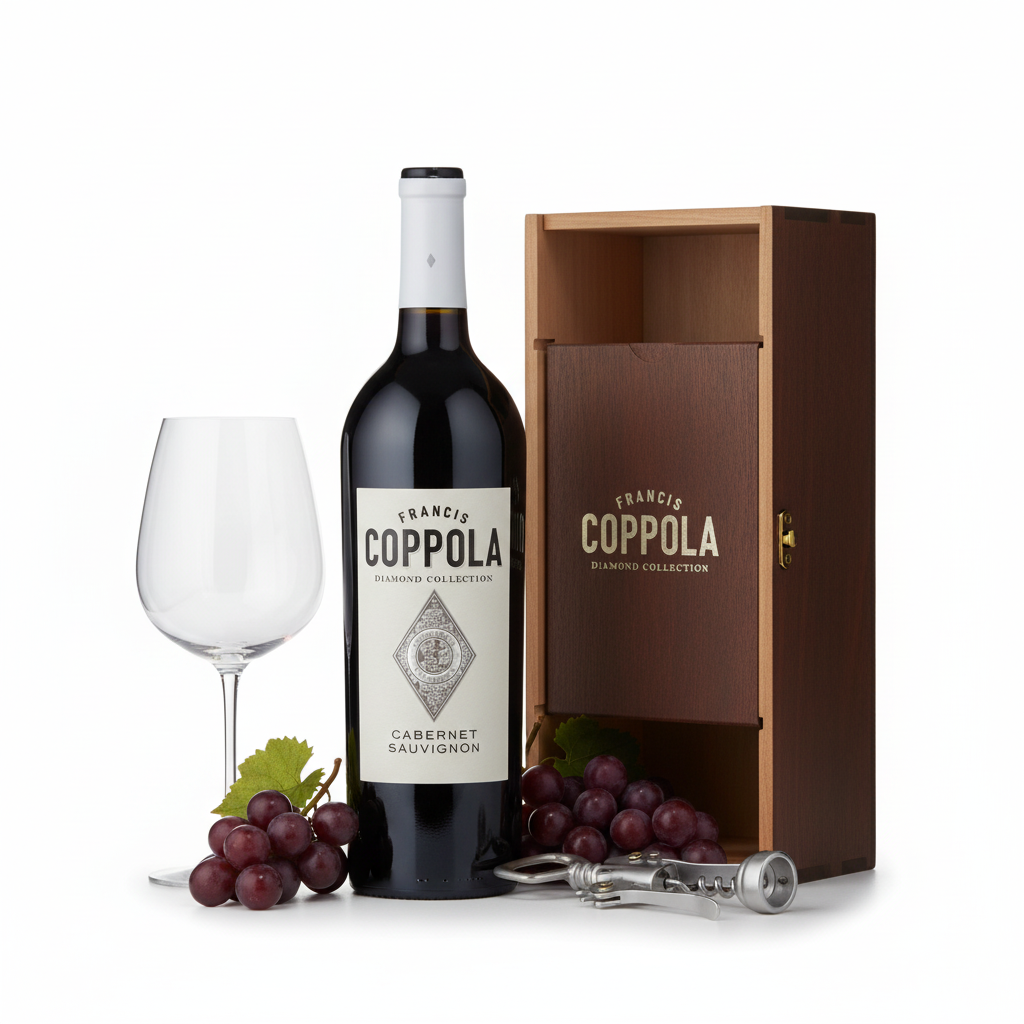 Francis Coppola Diamond Cabernet Sauvignon wine bottle, 750mL with dark glass and elegant label, on a wooden surface.