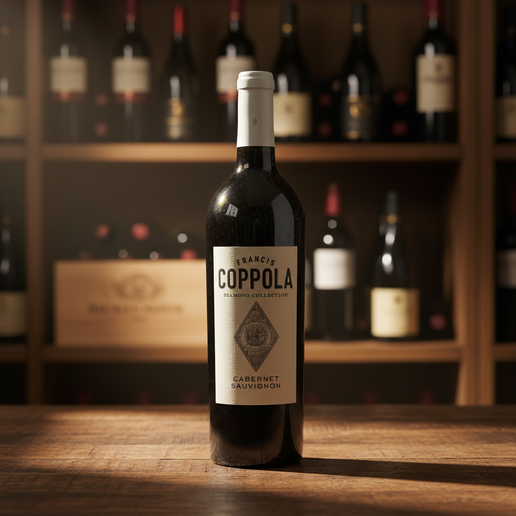 Bottle of Francis Coppola Diamond Cabernet Sauvignon wine in a 750mL glass with a dark label and gold accents.