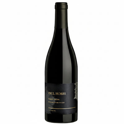 Paul Hobbs Russian River Valley Pinot Noir 750mL bottle with dark red wine in a glass, showcasing its rich color and elegant label.
