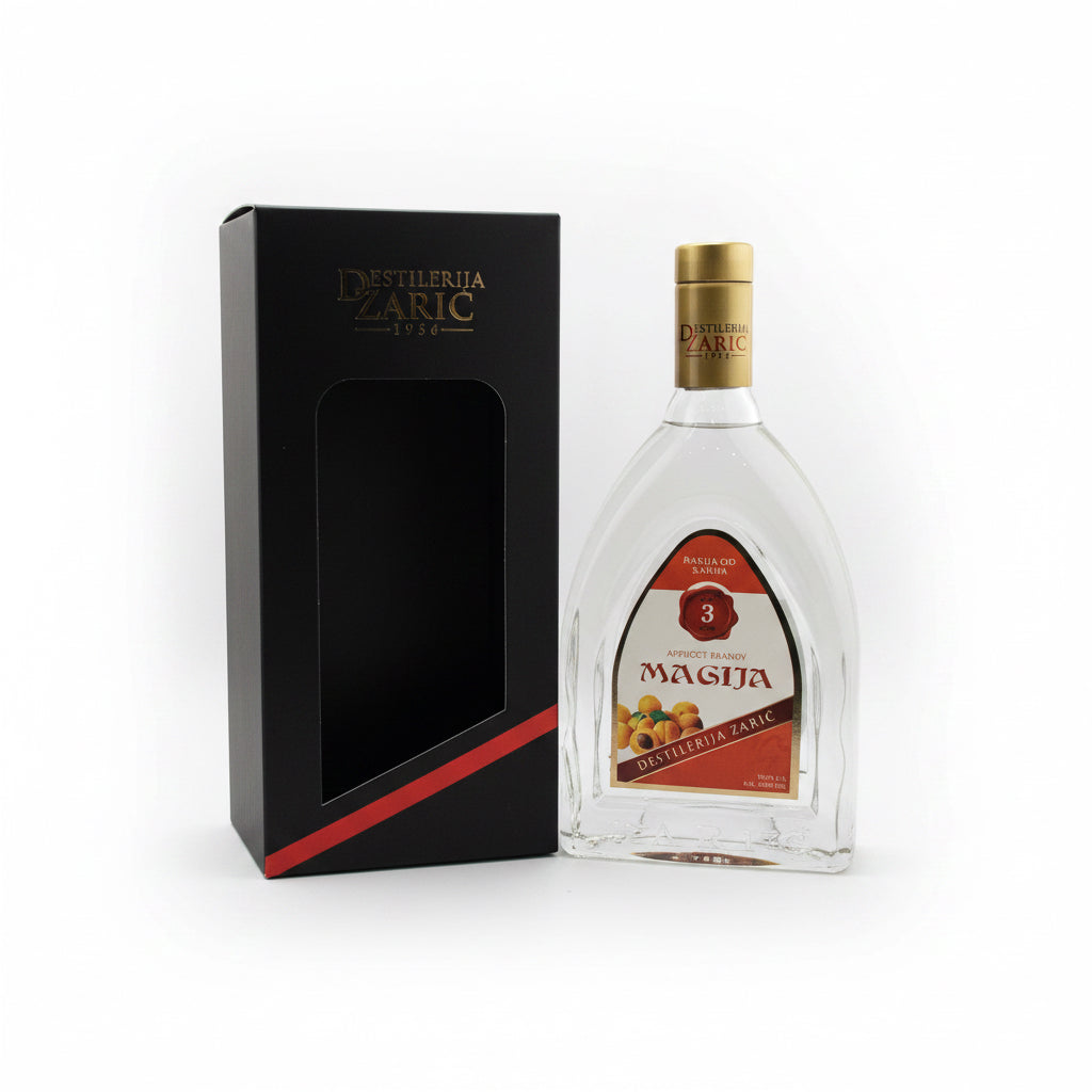 Magija Apricot Brandy in a 700mL bottle with a label featuring apricot imagery and elegant branding.