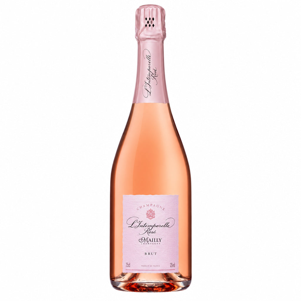 Champagne Mailly L'intemporelle Rose bottle with elegant pink label and foil, showcasing a sparkling rosé champagne.