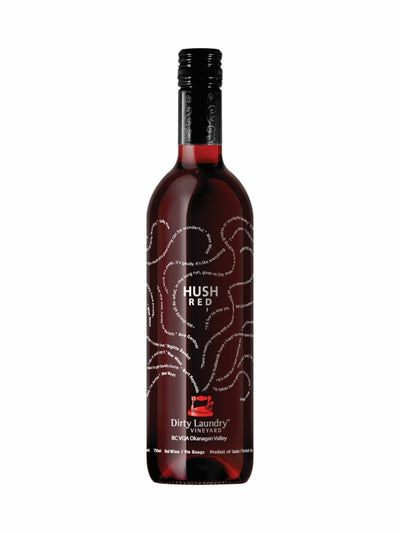Bottle of Dirty Laundry Hush Red wine, 750mL, with a dark red label and elegant packaging.