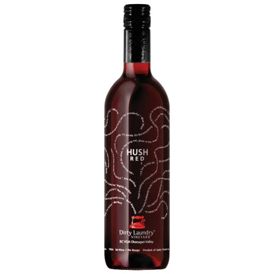 Bottle of Dirty Laundry Hush Red wine 750mL with a dark label and red accents, standing upright on a neutral background.
