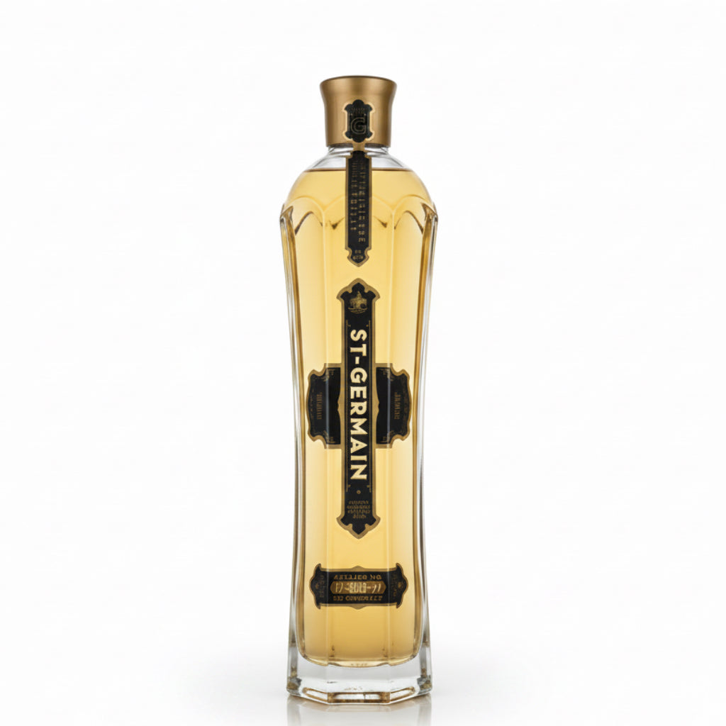 St-Germain Elderflower liqueur bottle, 750mL with elegant label and clear glass showcasing the elderflower infusion inside.