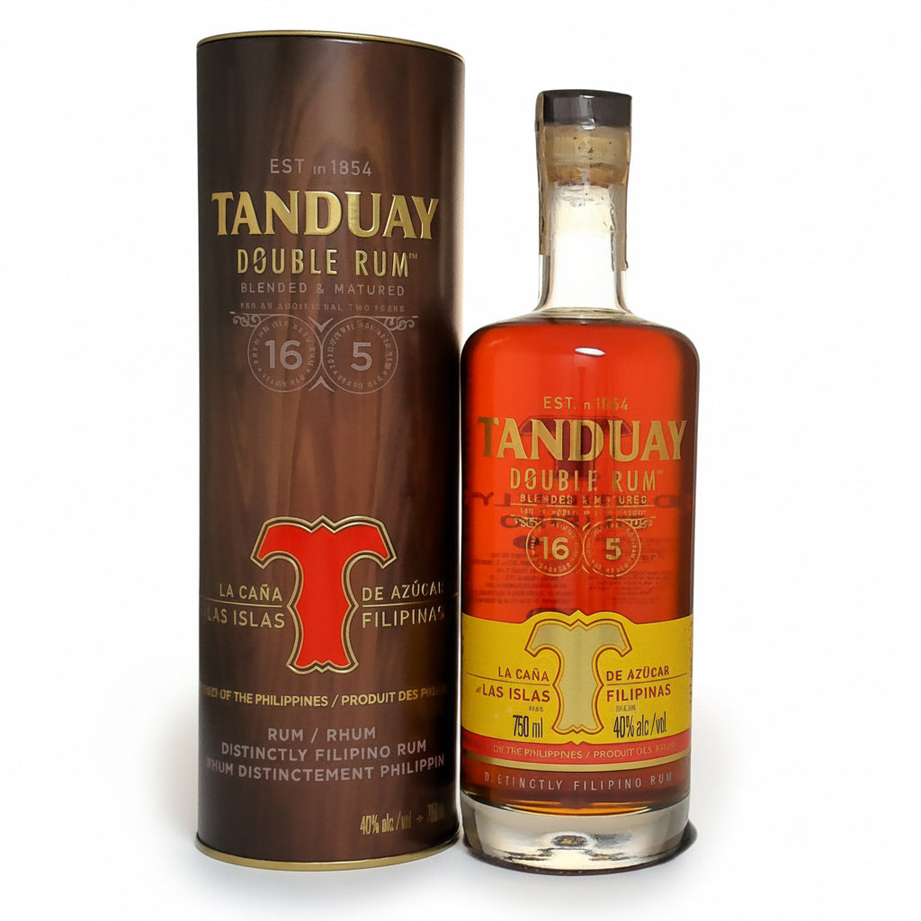Tanduay Double Rum 750mL bottle with dark label and clear glass, showcasing the product's packaging and branding.