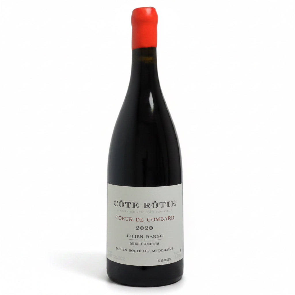 Bottle of Domaine Barge Cote Rotie Coeur de Combard red wine in a 750mL bottle, with a vineyard label and elegant glass.