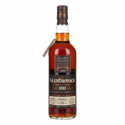 Glendronach 23-year-old single malt Scotch whisky vintage 1993 in 700mL bottle, rich amber color, detailed label visible
