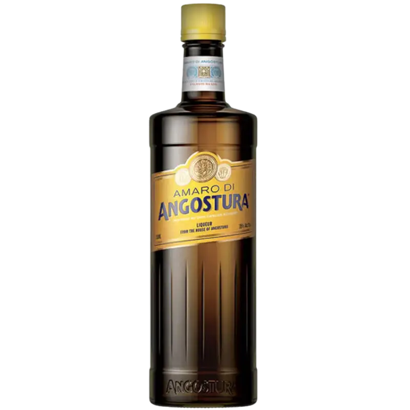 Buy Amaro di Angostura liqueur, tall brown bottle with gold label and yellow cap.