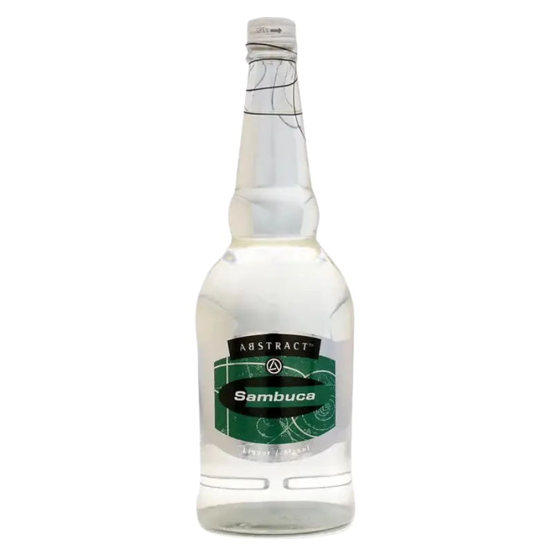 Buy Abstract Sambuca Liqueur 750mL, clear glass bottle, green label.