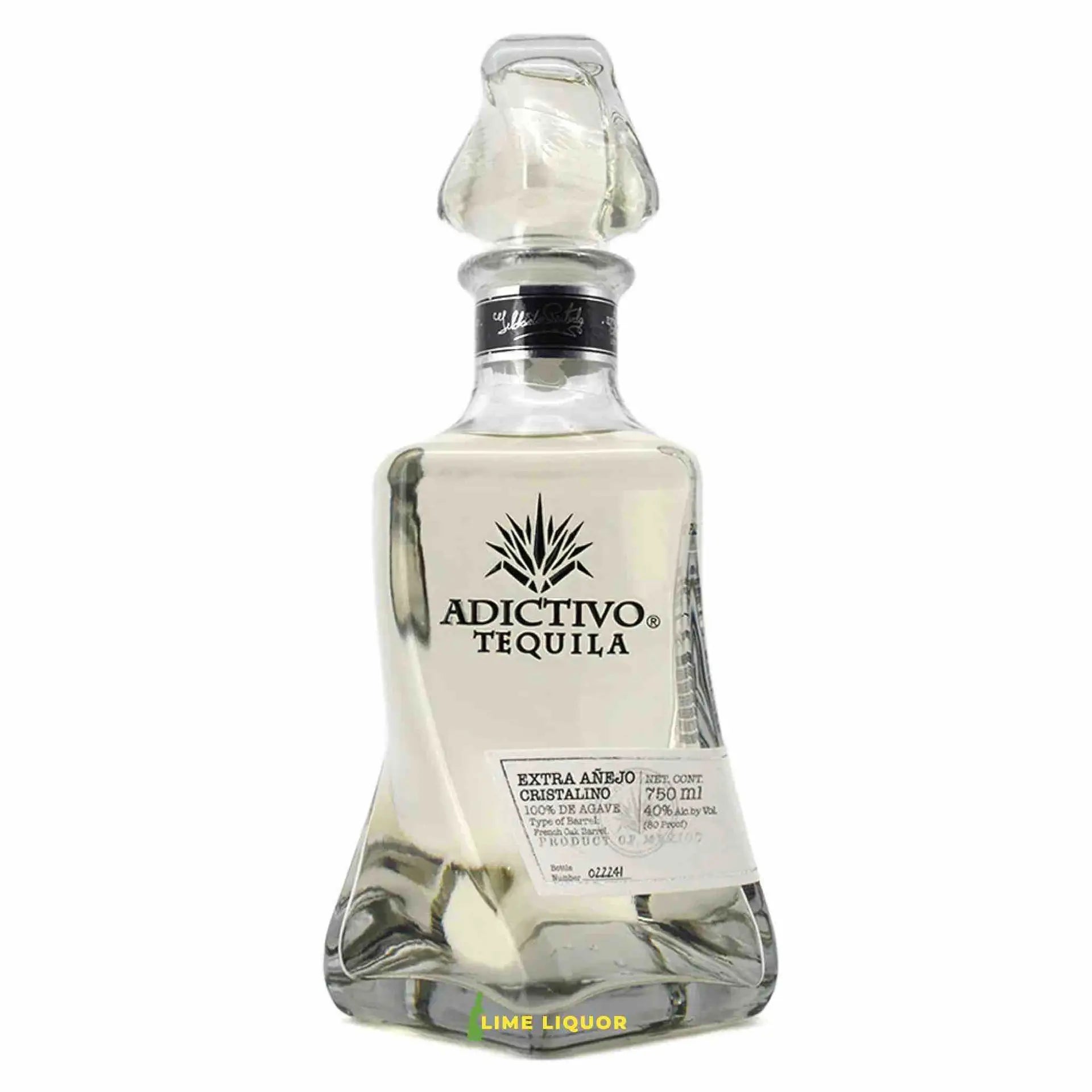 Buy Adictivo Extra Anejo Cristalino 750mL tequila in a clear sculpted bottle.