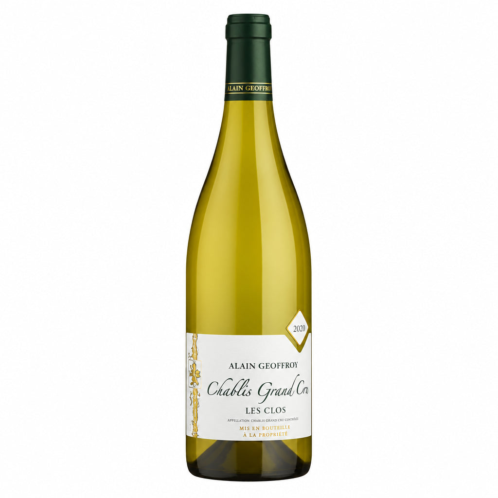 A. Geoffroy Chablis Grand Cru Les Clos 2022 wine bottle with a label, set against a neutral background.