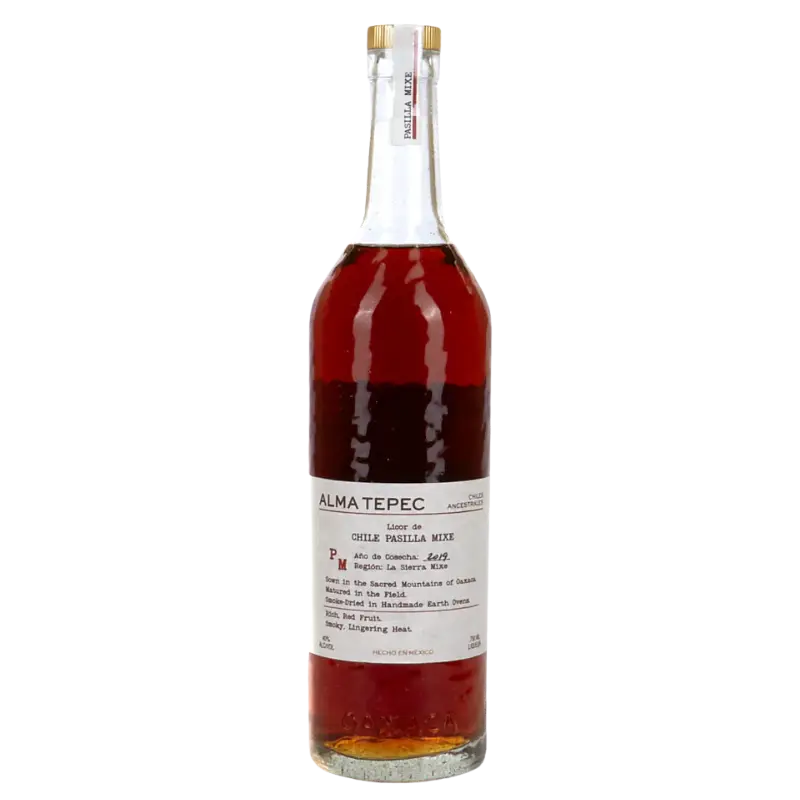 Buy Alma Tepec Ancestral Chile Liqueur 750mL, clear bottle with red spirit and label.