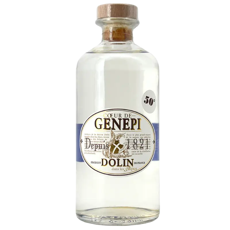 Buy Coeur De Genepi 1821, clear herbal liqueur in a round glass bottle, 500mL, 50% alcohol