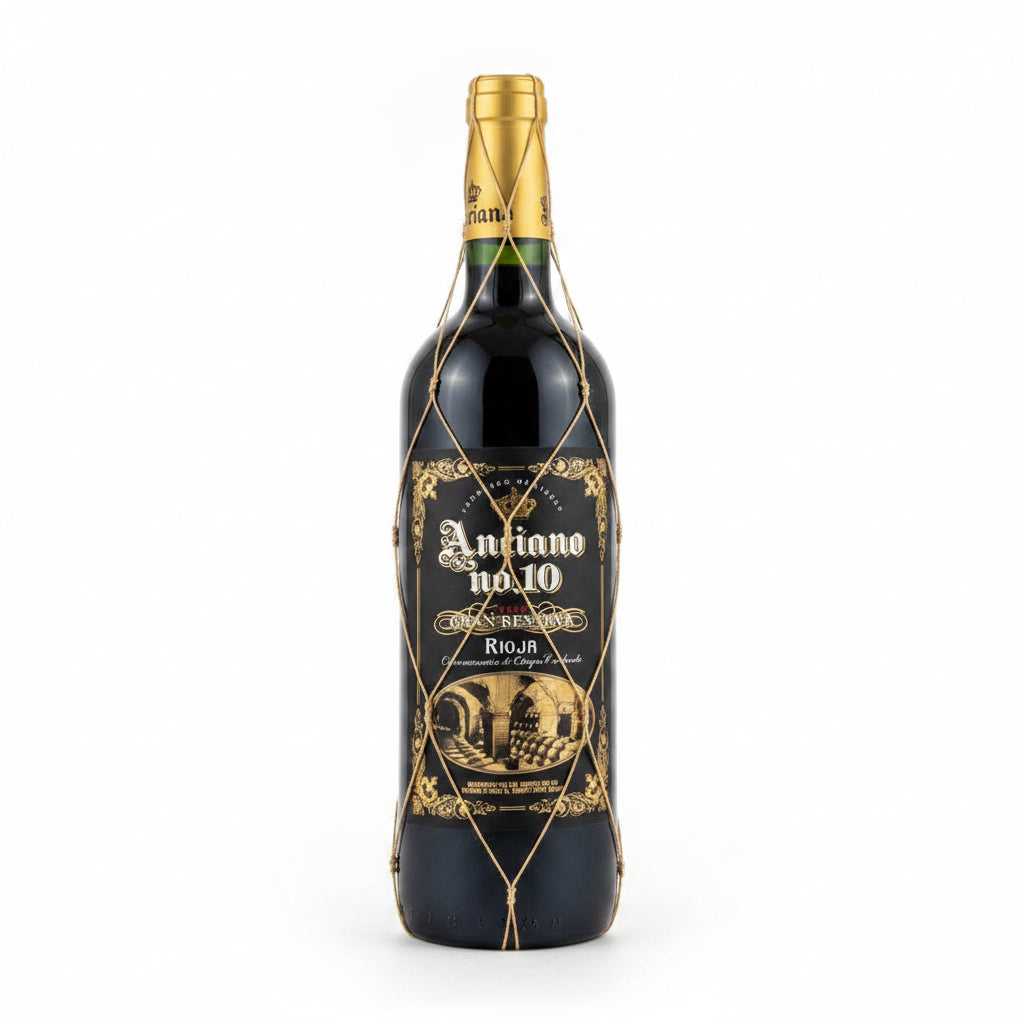 A bottle of Anciano No. 10 Rioja Gran Reserva red wine with a dark label and gold accents, displayed upright.