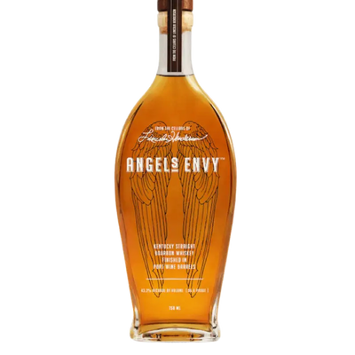 Bottle of Angel's Envy Bourbon 750mL with clear label, showcasing the dark amber color and elegant packaging.